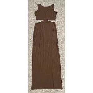Princess Polly Ribbed Brown Cut Out Waist Maxi Slit Dress Size 4